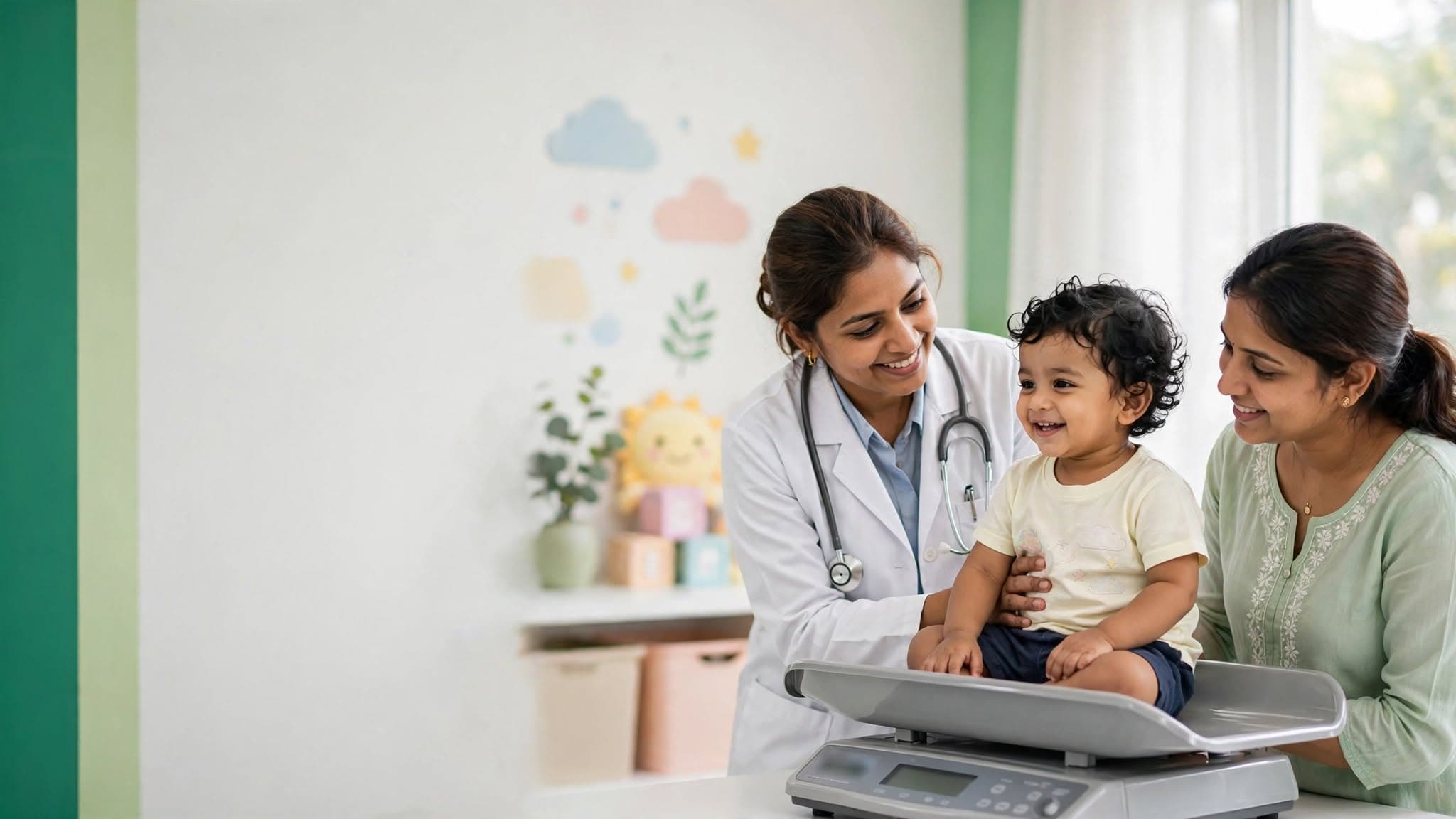 Pediatrician measuring a child's weight to check growth and weight gain